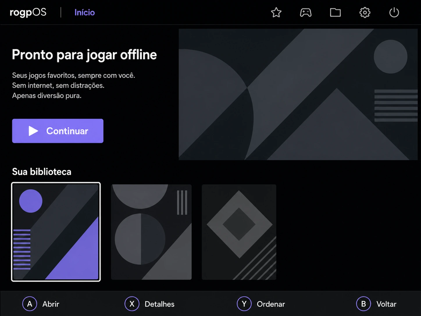 Conceito visual da biblioteca rogpOS, com navegação por controle e cards de jogos abstratos.